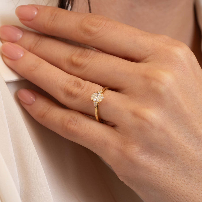 Petite Ann 0.74ct Oval Cut Diamond Three Stone Engagement Ring