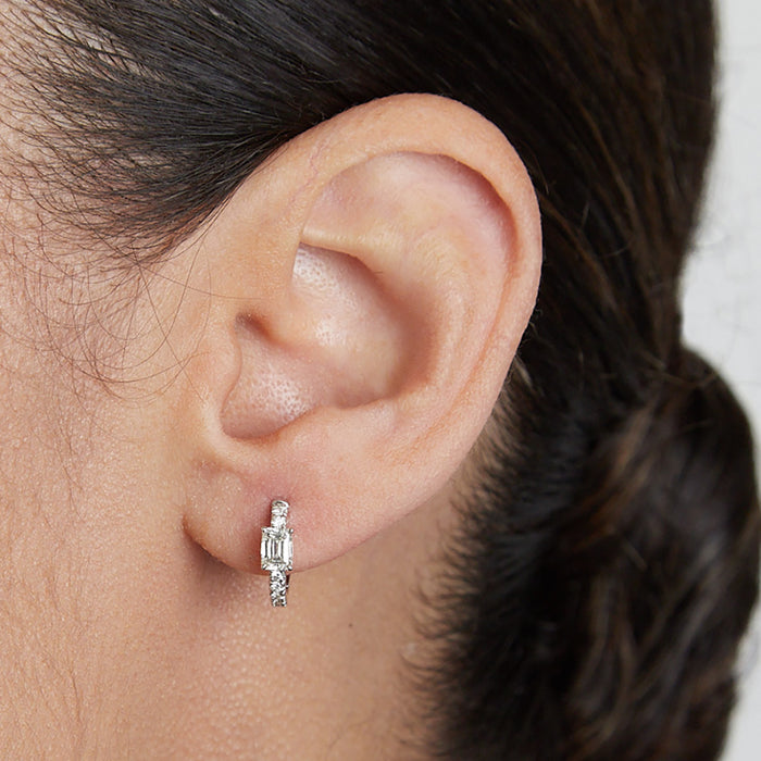 Emerald Cut Diamond Center Huggie Earrings