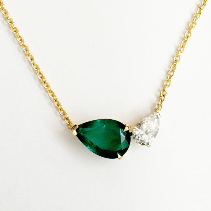 Emerald & Diamond Asymmetric Pendant Necklace