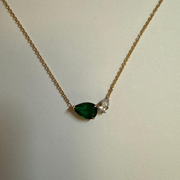 Emerald & Diamond Asymmetric Pendant Necklace