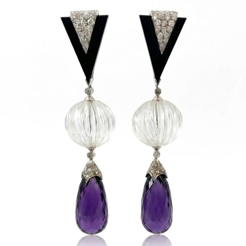Diamond, Onyx and Carved Rock Crystal Dangle Drop Earrings