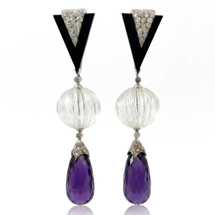 Diamond, Onyx and Carved Rock Crystal Dangle Drop Earrings