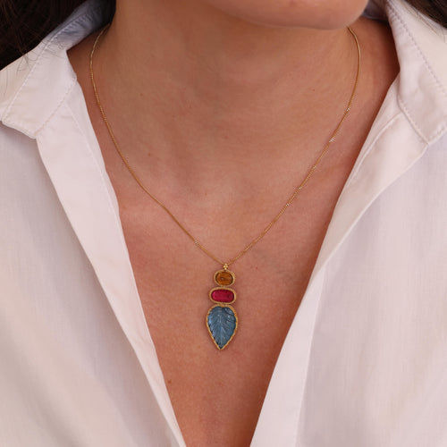 18k Yellow Gold Statement Necklace with 12.48tcw London Blue Topaz, 2.23tcw Tourmaline and 2.83tcw Brown Zircon Image 2