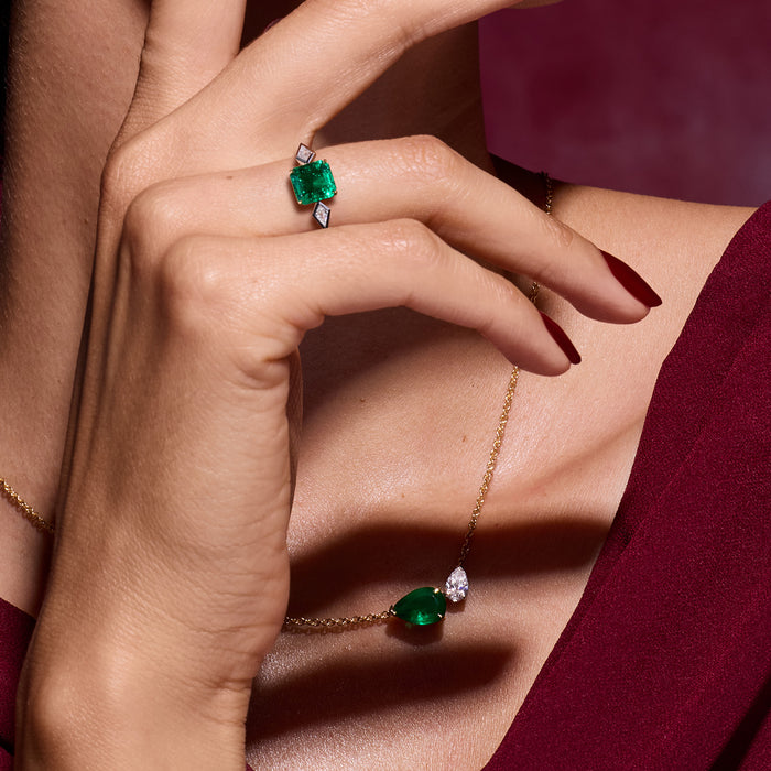 Emerald & Diamond Asymmetric Pendant Necklace