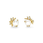 Pearl and Baguette Diamond Stud Earrings