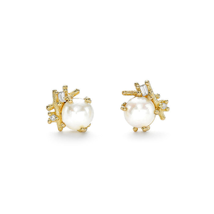 Pearl and Baguette Diamond Stud Earrings