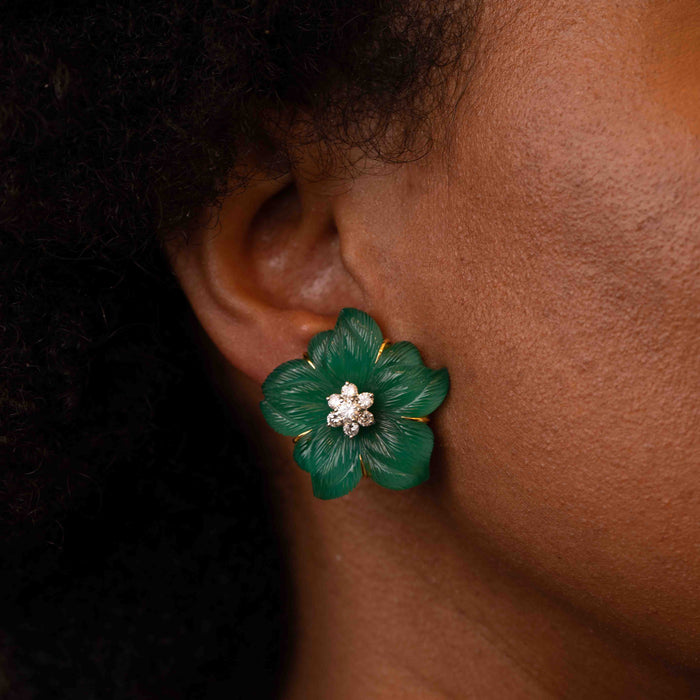 Carved Crystal Flower Earclips with Diamonds
