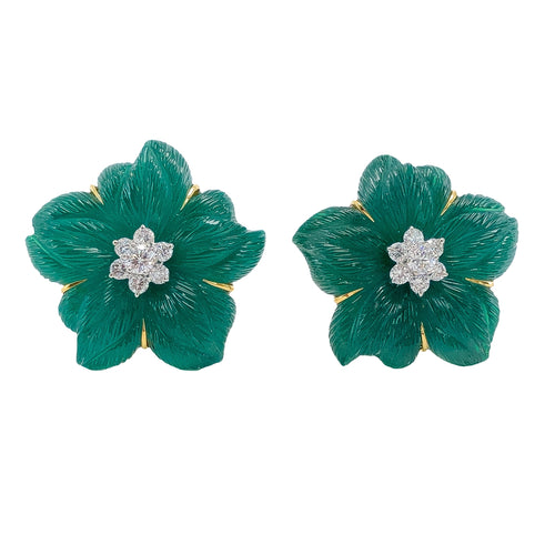 Carved Crystal Flower Earclips with Diamonds