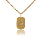 Diamond Crescent Moon Dog Tag Pendant Necklace