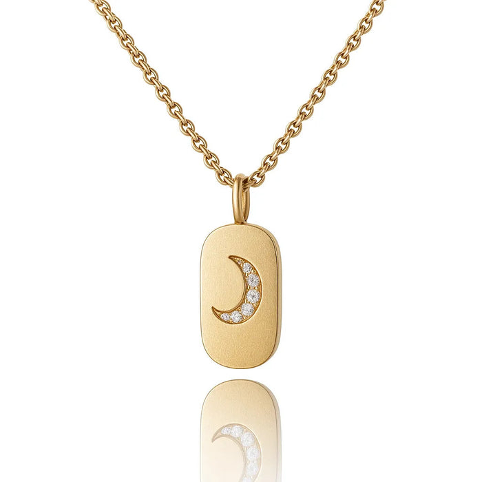 Diamond Crescent Moon Dog Tag Pendant Necklace