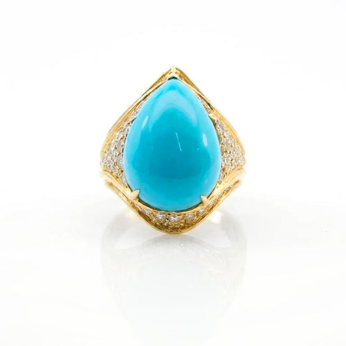 18K Yellow Gold Cocktail Ring with a Sleeping Beauty Pear Shape Turquoise and 2.00tcw Round Brilliant Cut Diamonds Image 2
