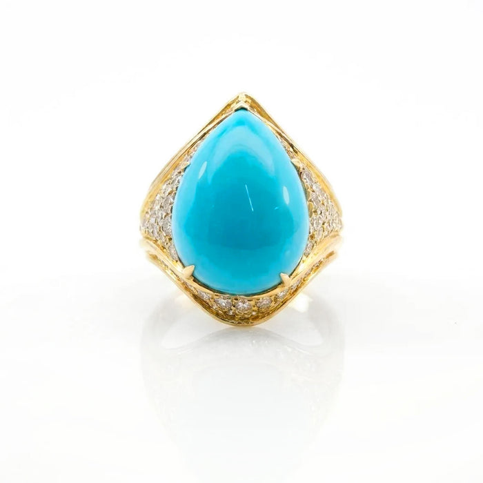 18K Yellow Gold Cocktail Ring with a Sleeping Beauty Pear Shape Turquoise and 2.00tcw Round Brilliant Cut Diamonds