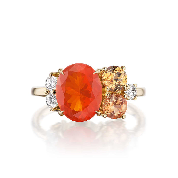 Fire Opal, Malaya Garnet & Diamond Zinnia Flora Ring