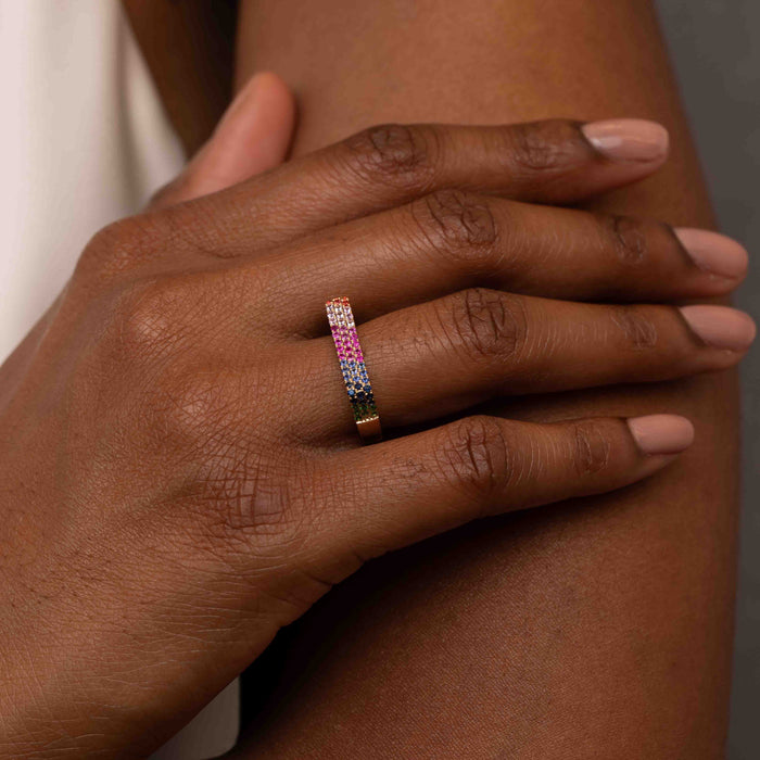 Rainbow Sapphire, Ruby & Tsavorite Flat Bar Ring