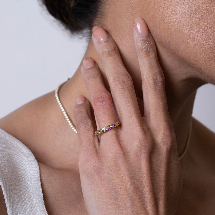 Rainbow Sapphires and Tsavorites Narrow Ring