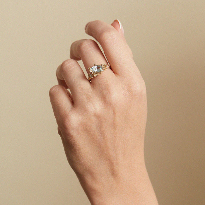 Assymetric Aquamarine and Diamond Ring
