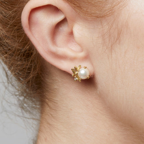 Pearl and Baguette Diamond Encrusted Studs Image 2