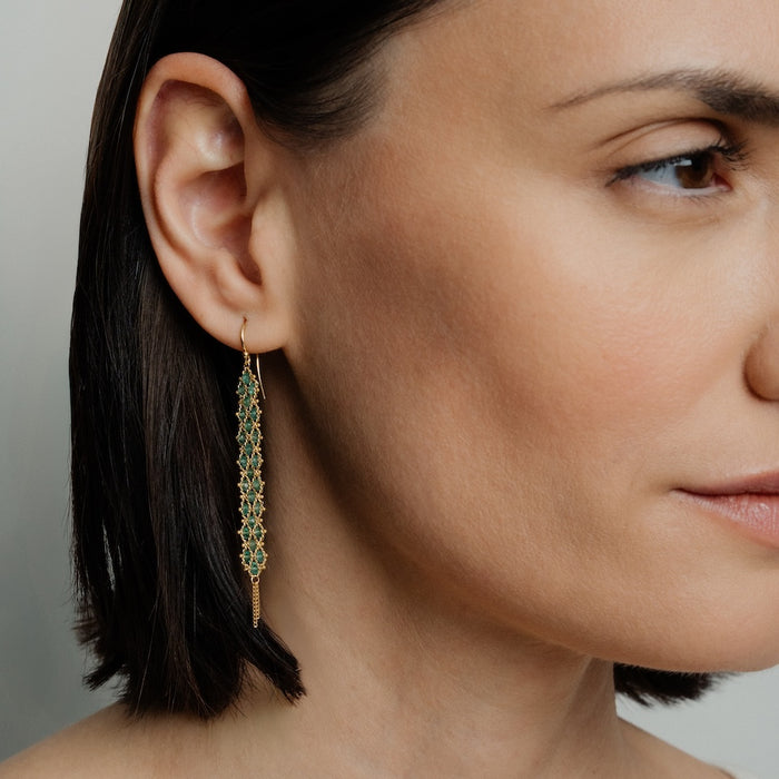 Long Textile Emerald Earrings