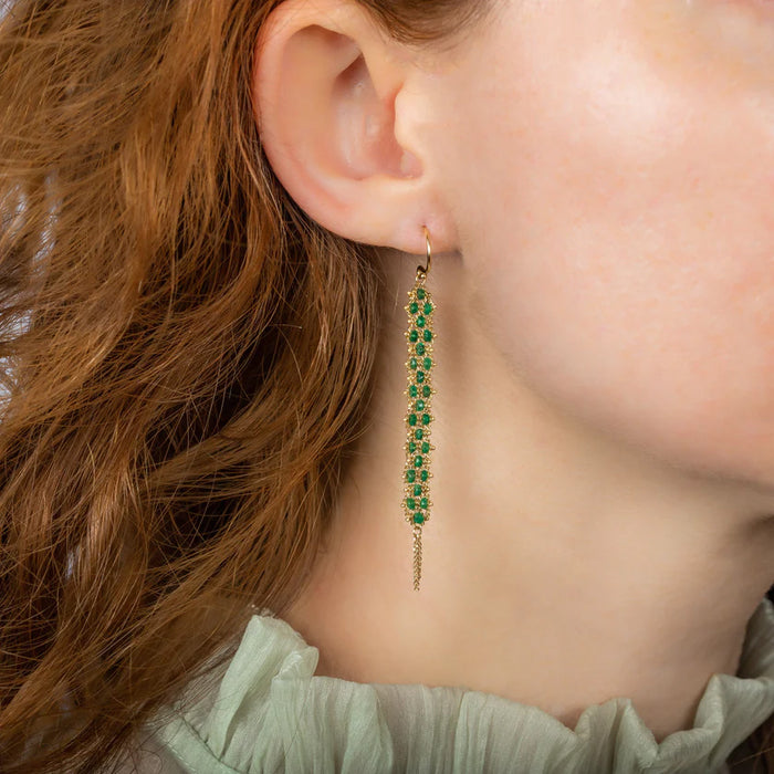 Long Textile Emerald Earrings