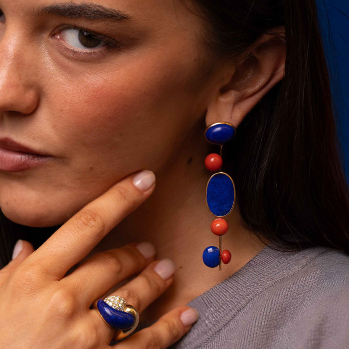 Lapis & Coral Geometric Drop Earrings