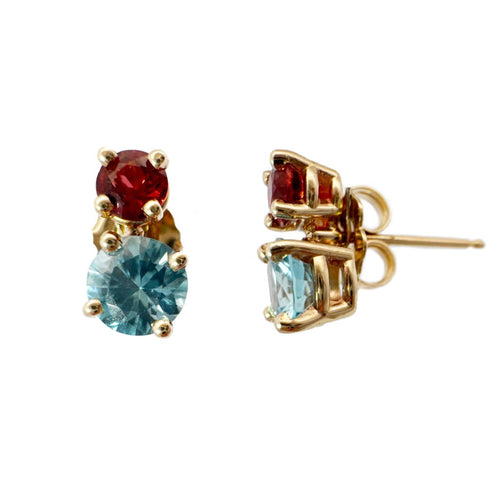 Blue Zircon and Red Spinel Pollux Stud Earrings