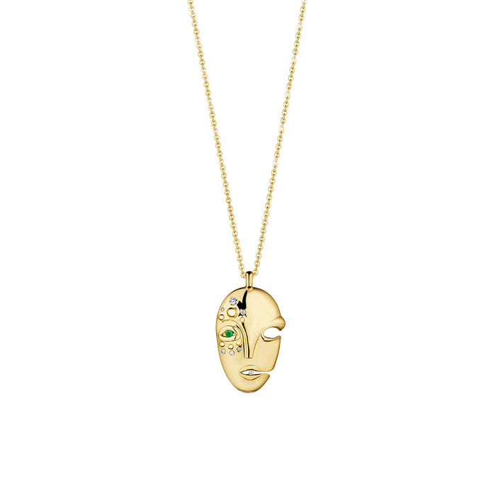 Emerald & Diamond Scuptural Mask Pendant Necklace