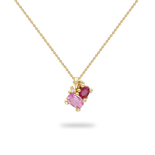 Ruby, Pink Sapphire & Diamond Cluster Pendant Necklace