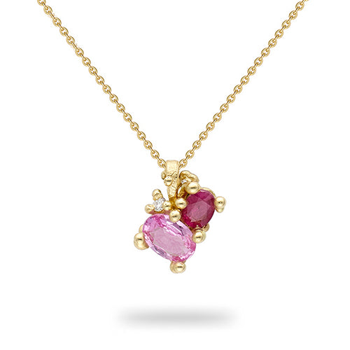 Ruby, Pink Sapphire & Diamond Cluster Pendant Necklace