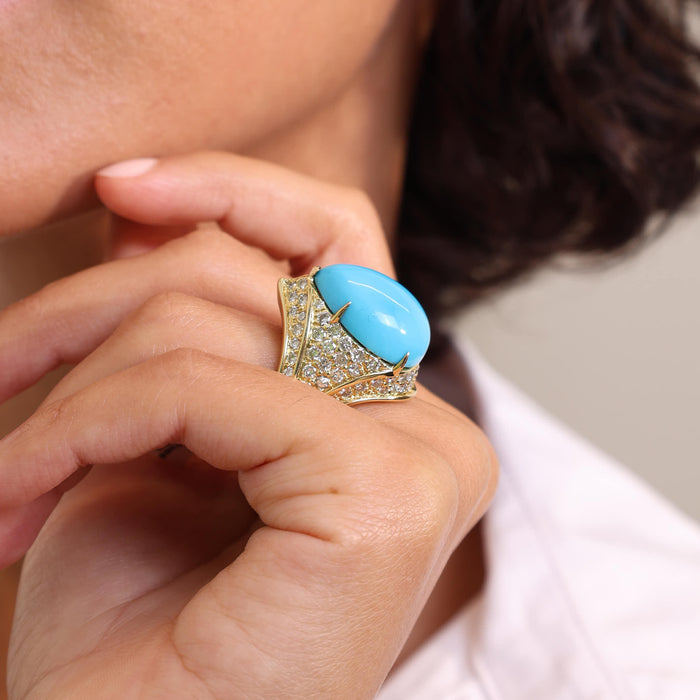 18K Yellow Gold Cocktail Ring with a Sleeping Beauty Pear Shape Turquoise and 2.00tcw Round Brilliant Cut Diamonds