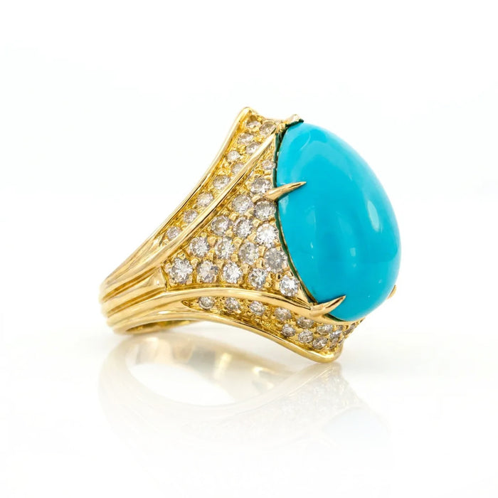 18K Yellow Gold Cocktail Ring with a Sleeping Beauty Pear Shape Turquoise and 2.00tcw Round Brilliant Cut Diamonds