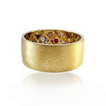 14K YELLOW GOLD CIGAR BAND WITH SATIN FINISH FEATURING 1.36TCW RAINBOW SAPPHIRES & TSAVORITES FLUSH SET, FROM STARDUST BY G.ST.

SIZE 6.75