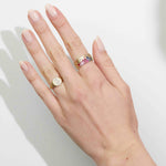 14K YELLOW GOLD CIGAR BAND WITH SATIN FINISH FEATURING 1.36TCW RAINBOW SAPPHIRES & TSAVORITES FLUSH SET, FROM STARDUST BY G.ST.

SIZE 6.75