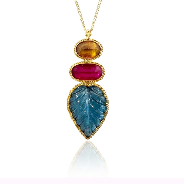 18k Yellow Gold Statement Necklace with 12.48tcw London Blue Topaz, 2.23tcw Tourmaline and 2.83tcw Brown Zircon