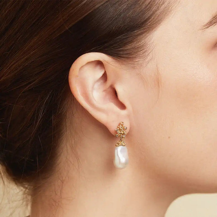Pearl Drop Earrings with White & Grey Diamonds and Barnacles