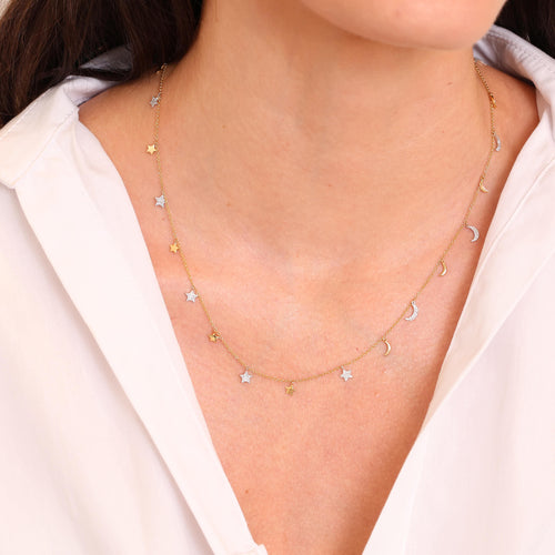 Star and Moon Diamond Charm Necklace Image 2
