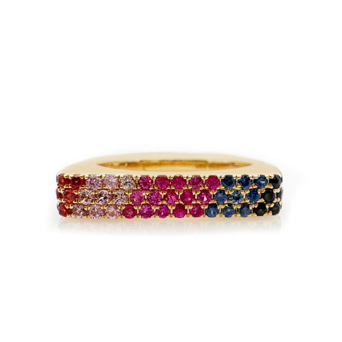 Rainbow Sapphire, Ruby & Tsavorite Flat Bar Ring