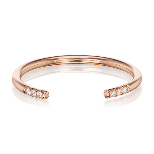 14K ROSE GOLD CLINTON (CUFF) WEDDING BAND BY G.ST CEREMONY, FEATURING A TRIO OF NATURAL ROUND BRILLIANT DIAMONDS ON EITHER SIDE OF A SPLIT SHANK.