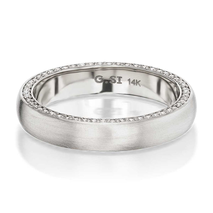 14K NATURAL WHITE GOLD "WALKER" 4MM COMFORT FIT WEDDING BAND WITH BRUSHED CENTER AND 0.43TCW ROUND BRILLIANT DIAMOND EDGE, BY G.ST CEREMONY.