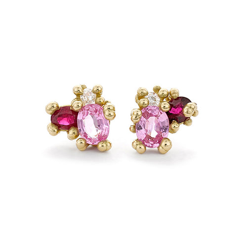 Sapphire, Ruby & Diamond Cluster Stud Earrings