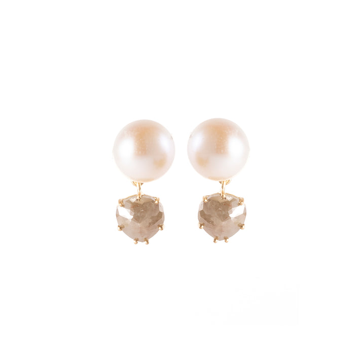 18K YELLOW GOLD DROP EARRINGS FEATURE 3.50TCW ROUGH CUT BROWN DIAMONDS AND ROUND PEARLS, BY SYLVA & CIE.