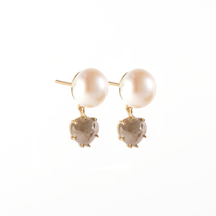 18K YELLOW GOLD DROP EARRINGS FEATURE 3.50TCW ROUGH CUT BROWN DIAMONDS AND ROUND PEARLS, BY SYLVA & CIE.