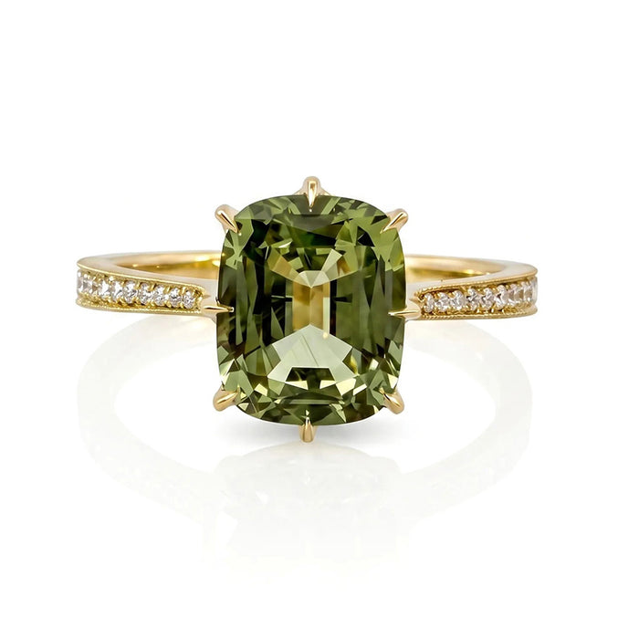 18K YELLOW GOLD "VICTORIA" 8-PRONG SOLITAIRE ENGAGEMENT RING WITH 0.10TCW ROUND BRILLIANT CUT (F-G COLOR, VS CLARITY) HALF DIAMOND SHANK FEATURING A 2.06CT MINT GREEN CUSHION CUT MONTANA SAPPHIRE FROM ERIKA WINTERS.