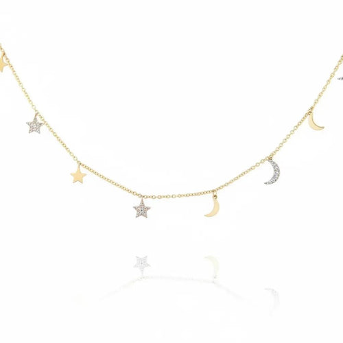 Star and Moon Diamond Charm Necklace