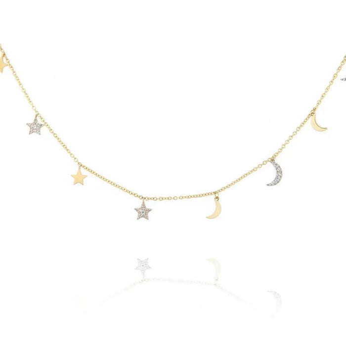 Star and Moon Diamond Charm Necklace