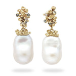 Pearl Drop Earrings with White & Grey Diamonds and Barnacles
