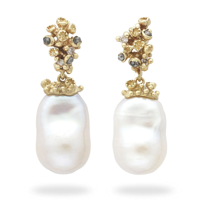 Pearl Drop Earrings with White & Grey Diamonds and Barnacles