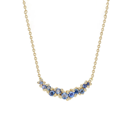 14K YELLOW GOLD GRANULE CLUSTER BAR NECKLACE FEATURING 0.51TCW OF SAPPHIRES ON A DELICATE CHAIN, BY RUTH TOMLINSON.