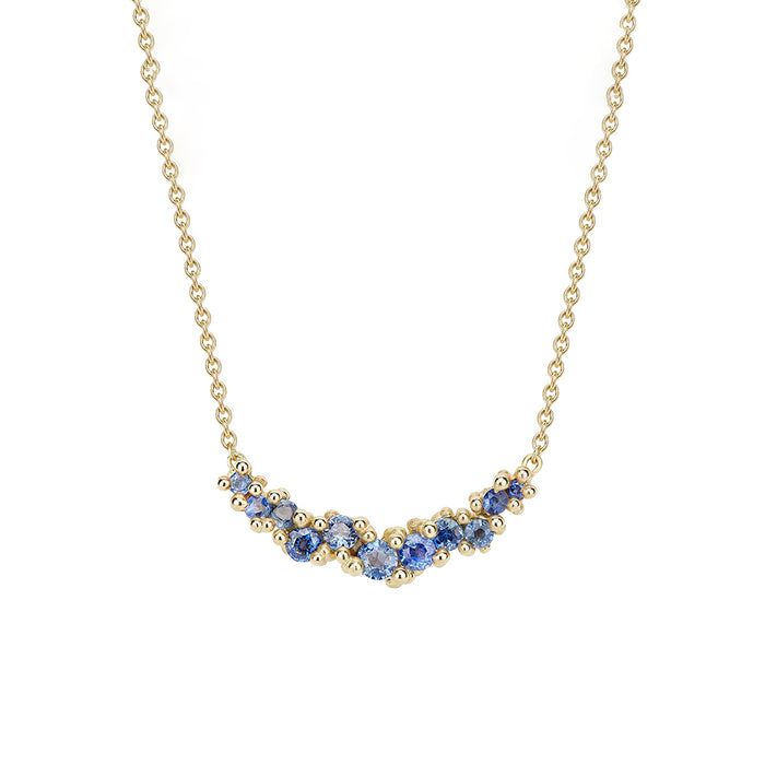 14K YELLOW GOLD GRANULE CLUSTER BAR NECKLACE FEATURING 0.51TCW OF SAPPHIRES ON A DELICATE CHAIN, BY RUTH TOMLINSON.
