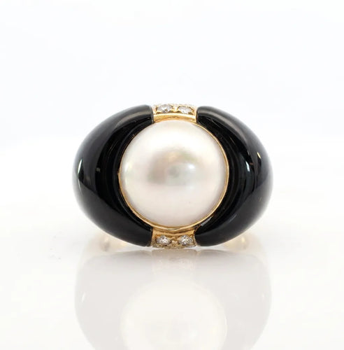 Pearl, Black Onyx and Diamond Cocktail Ring