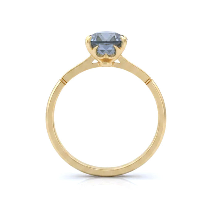 18K YELLOW GOLD HANDCRAFTED "LAUREL CATHEDRAL" 4-PRONG ENGAGEMENT RING WITH 0.01TCW ROUND BRILLIANT DIAMOND ACCENTS AND MILGRAIN DETAIL FEATURING A 1.96CT LIGHT BLUE CUSHION CUT MONTANA SAPPHIRE BY ERIKA WINTERS.